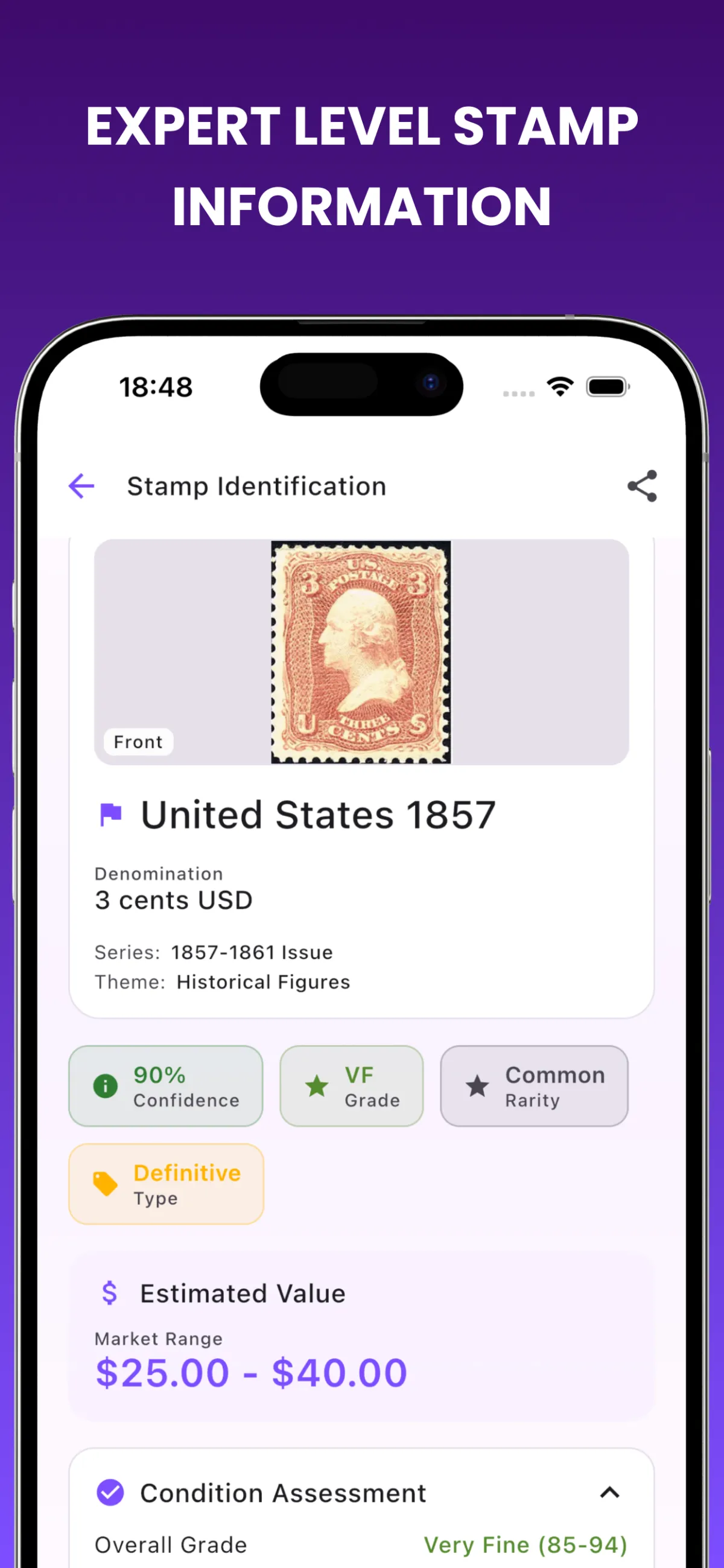 La app StampID mostrando el resultado de la identificación de un sello con contexto de catálogo