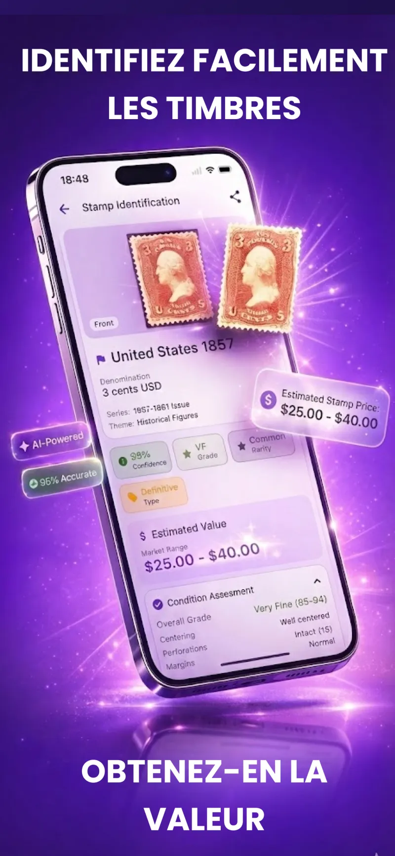 Application StampID montrant l'identification IA d'un timbre avec estimation de valeur