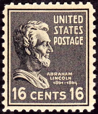 Abraham Lincoln 16 cent stamp from the 1938 US Presidential Series