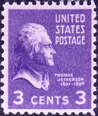 Thomas Jefferson 3 cent stamp from the 1938 US Presidential Series