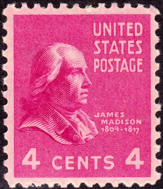 James Madison 4 cent stamp from the 1938 US Presidential Series
