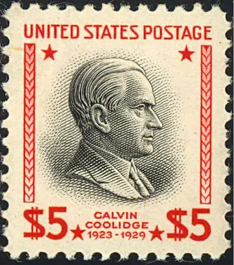 Calvin Coolidge 5 stamp from the 1938 US Presidential Series