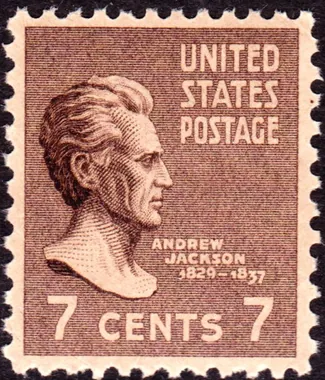 Andrew Jackson 7 cent stamp from the 1938 US Presidential Series