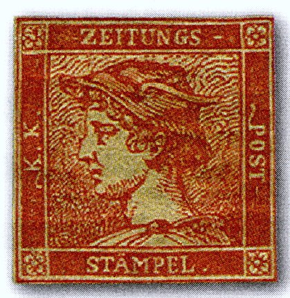 Austrian Red Mercury newspaper stamp of 1856 printed in vermilion, showing the left-facing head of the god Mercury in a winged helmet within a square frame inscribed K.K. ZEITUNGS POST STÄMPEL