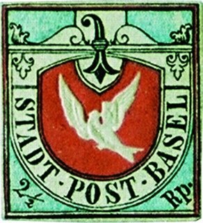 Basel Dove stamp of 1845 showing an embossed white dove carrying a letter in its beak on a red shield, framed in greenish blue with the inscription STADT POST BASEL and the value 2 1/2 Rp