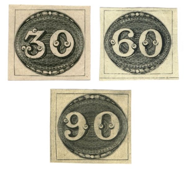 The three Brazilian Bull's Eye stamps of 1843, showing the large numerals 30, 60 and 90 in ornate black ovals with engine-turned backgrounds on yellowish paper
