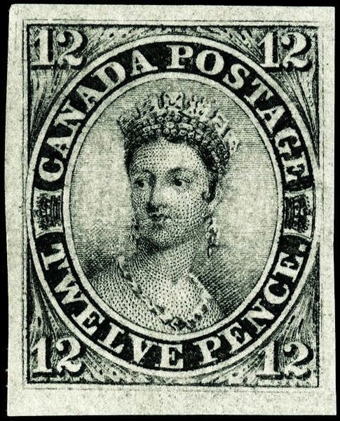 Canada Twelve Penny Black stamp of 1851 showing the full-face Chalon portrait of Queen Victoria wearing a diadem inside an oval inscribed Canada Postage and Twelve Pence, with the numeral 12 in all four corners