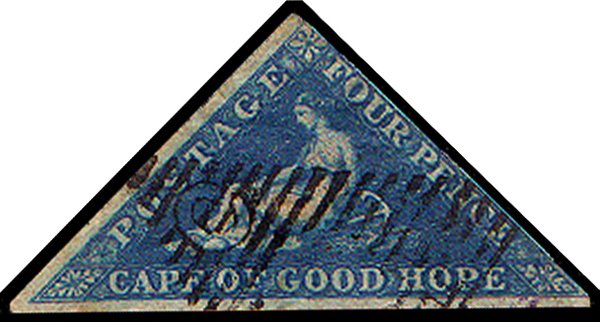 Cape of Good Hope triangular four pence postage stamp in deep blue showing the seated allegorical figure of Hope leaning on an anchor, with CAPE OF GOOD HOPE inscribed along the base