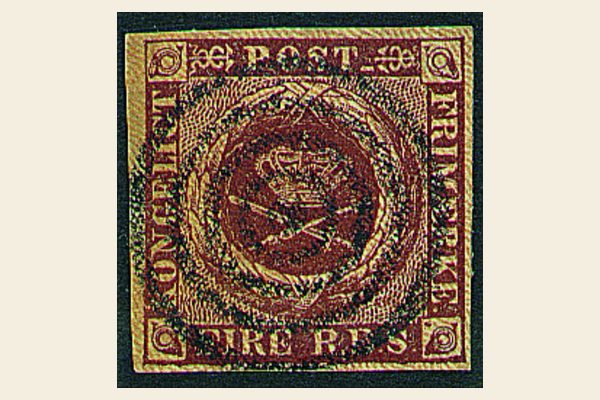 Denmark 1851 4 Rigsbank Skilling brown stamp with crown, sceptre and sword and the inscription KGL. POST FRM.