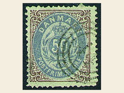 Denmark 1875 50 øre bicoloured numeral stamp with the value in an oval and a separately printed frame