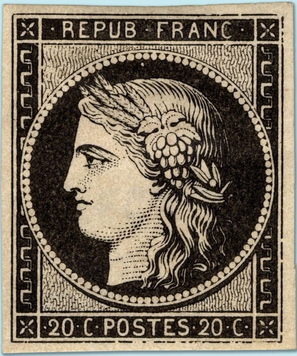 France Ceres 20c noir 1849 - example of classic stamp authentication