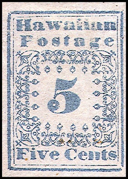 Hawaiian Missionary 5-cent stamp of 1851 printed in blue, a simple typeset design with a large numeral 5 inside an ornamental frame, inscribed Hawaiian Postage at the top and Five Cents at the bottom