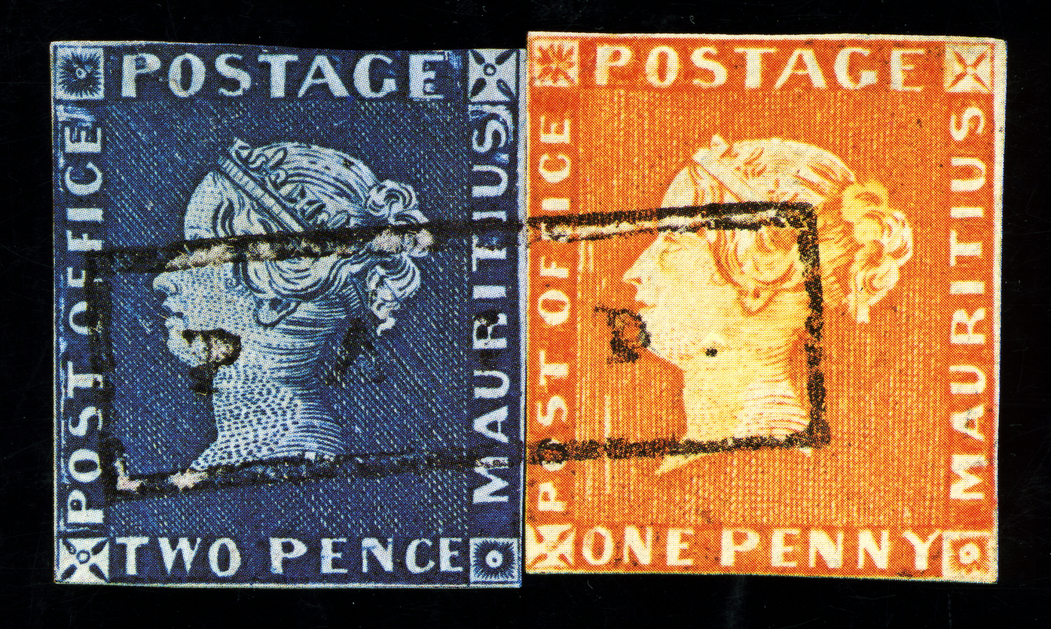Mauritius Post Office Two Pence blau und One Penny orange 1847
