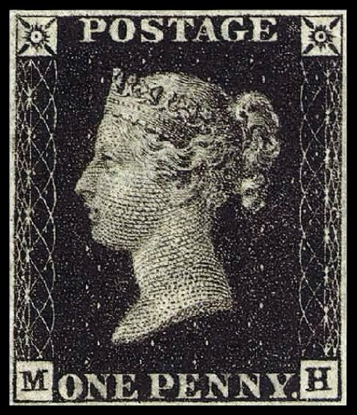 Penny Black - the world's first adhesive postage stamp, issued 1840