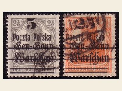 1919 Poczta Polska overprints on German occupation Germania stamps, 5 and 25 pfennig