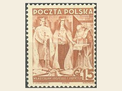 1938 Polish stamp Fischer 312 from the 20th anniversary of independence set showing King Władysław Jagiełło and Queen Jadwiga