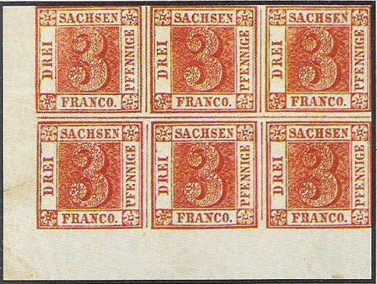 Mint block of six Saxony 3 Pfennige red stamps from 1850, each showing a large numeral 3 framed by the inscriptions SACHSEN, DREI, PFENNIGE and FRANCO