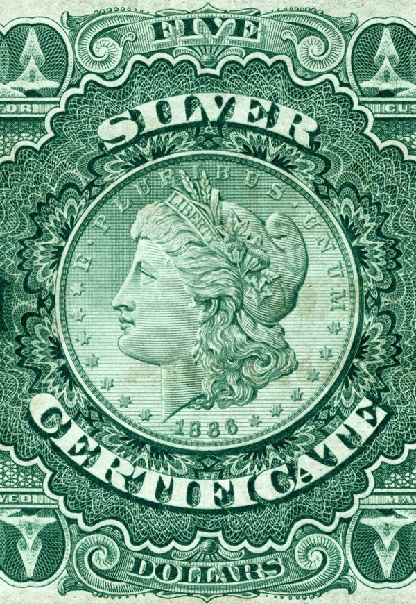 1886 US $5 Silver Certificate - Morgan dollar art banknote