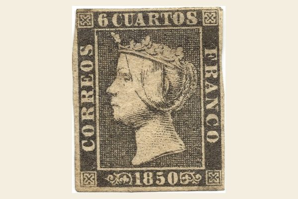 Spain 1850 6 cuartos black stamp with a profile of Queen Isabel II, inscribed CORREOS and FRANCO