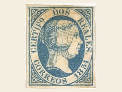 Spain 1851 2 reales stamp printed in blue instead of red — the famous Spanish colour error, from the Tapling Collection