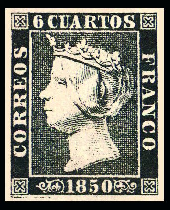 1850 Spain 6 cuartos black stamp showing a profile portrait of Queen Isabella II, inscribed CORREOS and FRANCO with 6 CUARTOS above and 1850 below
