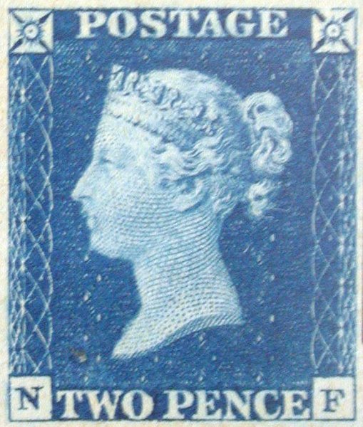 Two Penny Blue postage stamp from 1840 showing the left-facing profile of a young Queen Victoria in white against a deep blue background, with corner letters in the two lower corners