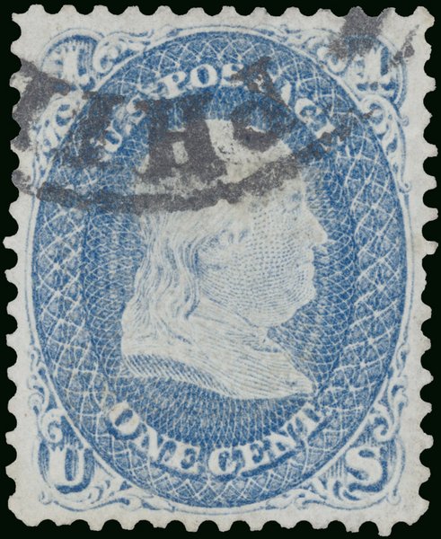 United States 1-cent blue Benjamin Franklin Z Grill stamp of 1868, showing Franklin's right-facing profile in an ornate oval frame with U.S. POSTAGE above and ONE CENT below, struck with a black cancellation