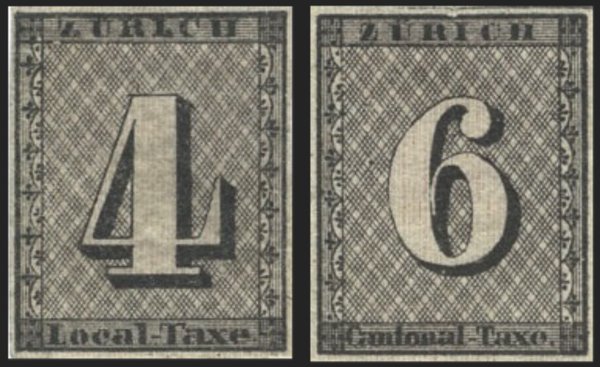 The Zurich 4 and 6 rappen stamps of 1843, each showing a large numeral on a fine crosshatched background with ZÜRICH at the top and the rate inscription below