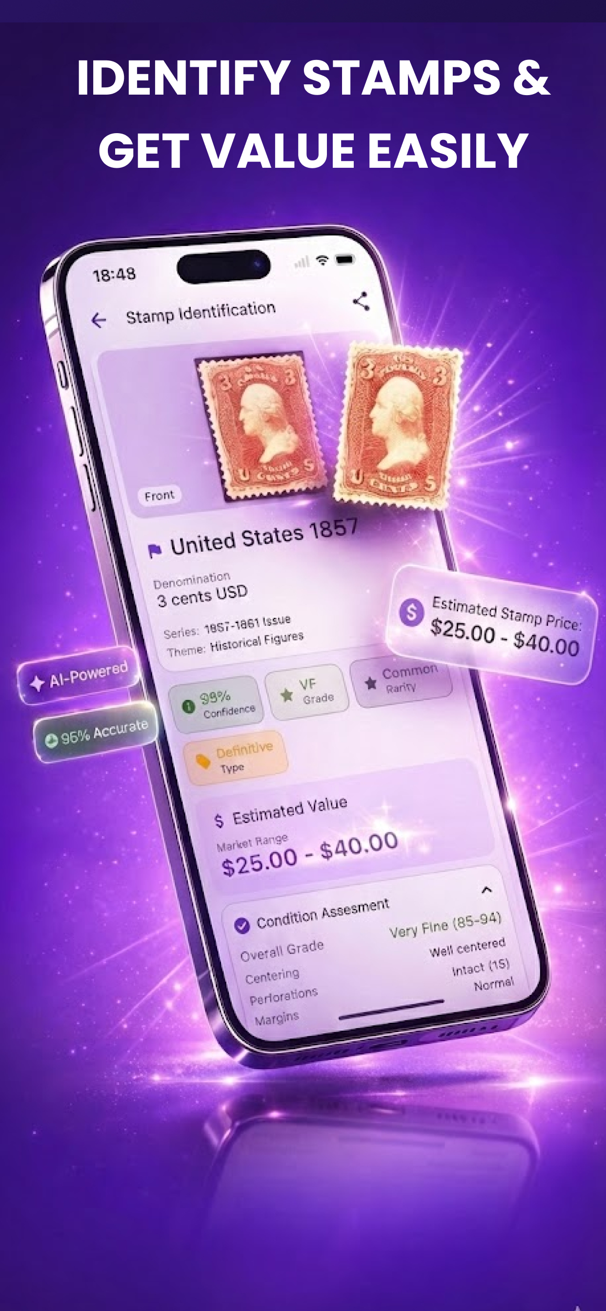StampID app showing AI stamp identification with value estimation for a US 1857 3-cent stamp