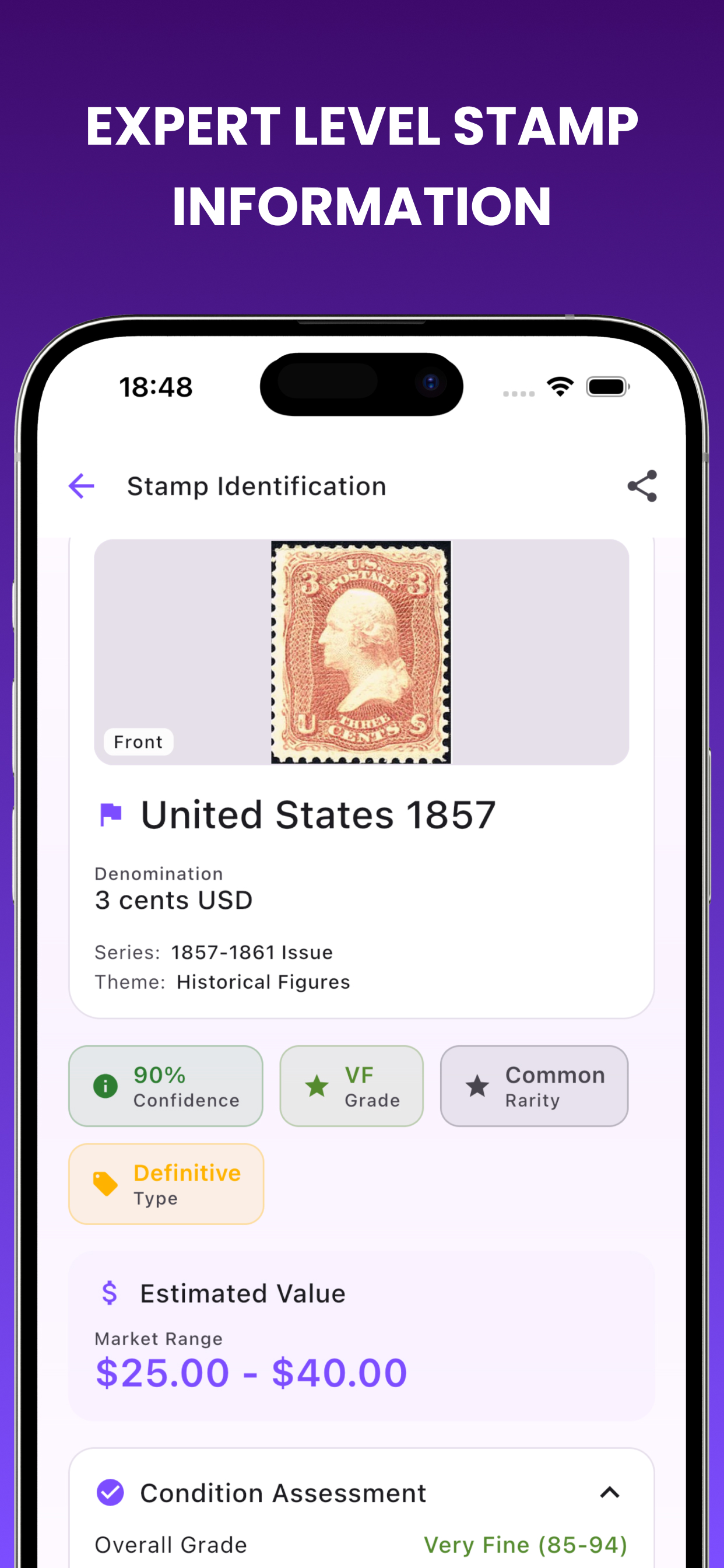 StampID expert stamp information screen with condition assessment and grading