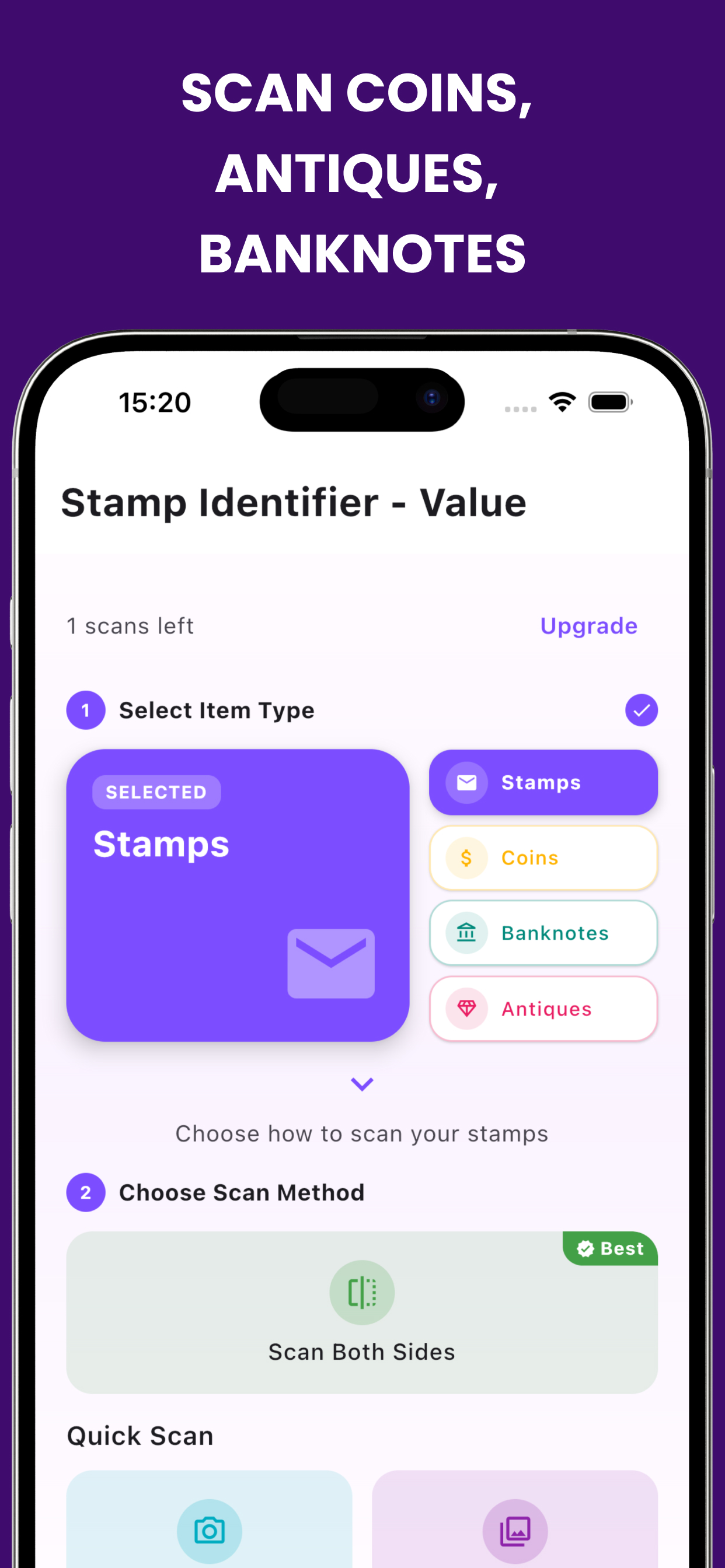 StampID scan interface showing stamp, coin, banknote and antique selection