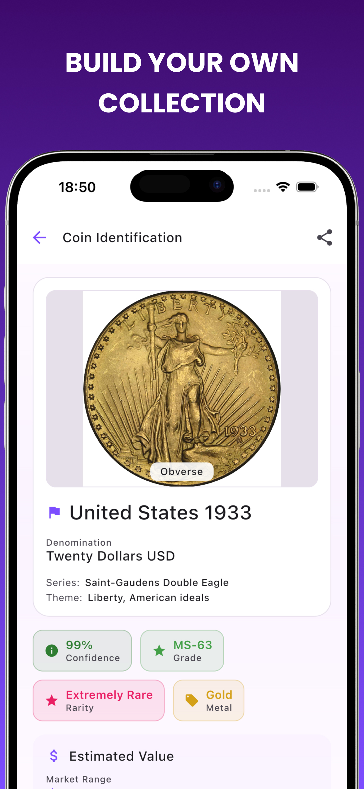 StampID coin identification showing historical coin with details and value