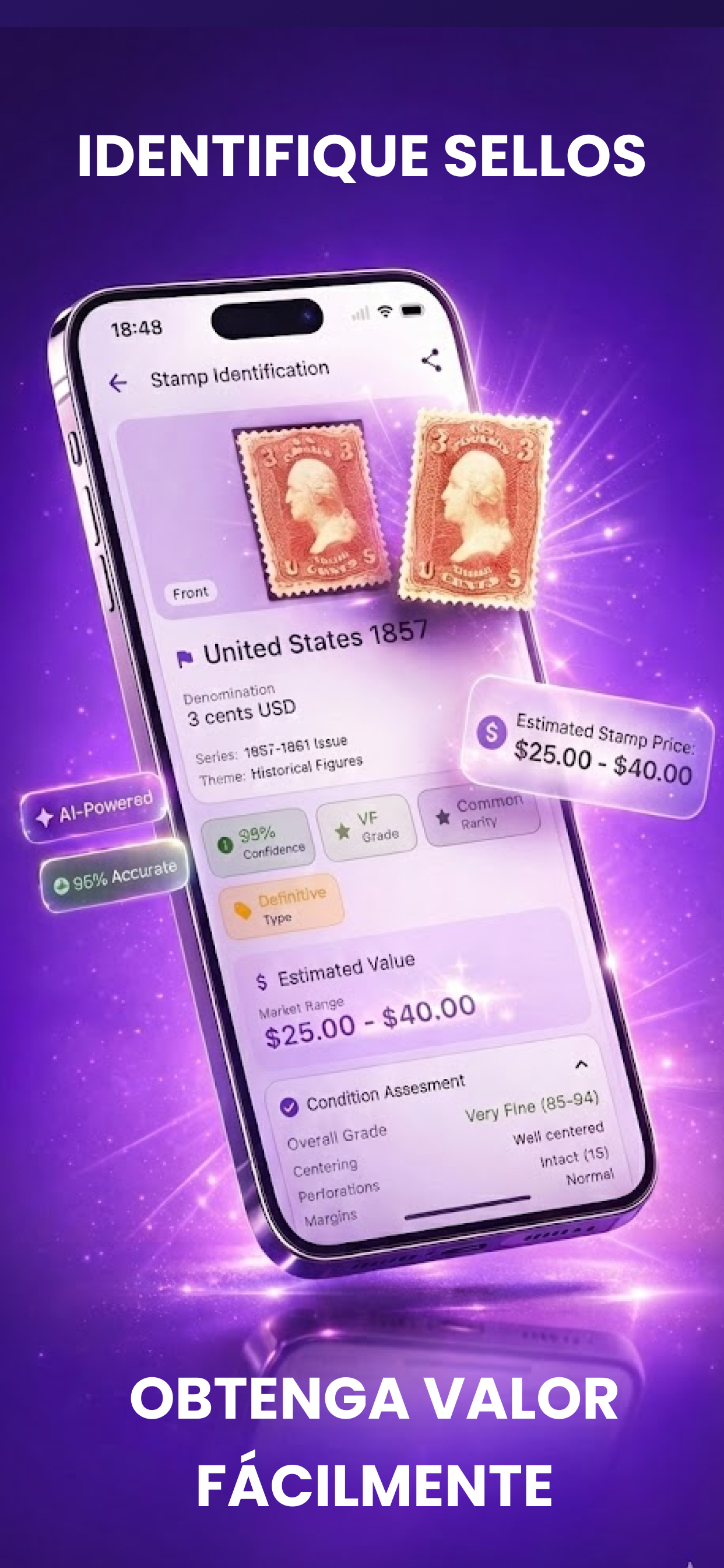 App StampID mostrando la identificación de un sello con valor estimado